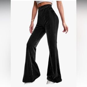 SHEIN EZwearWomen's Velvet Flare Pants High Waisted Long Pants Ribbed Bell